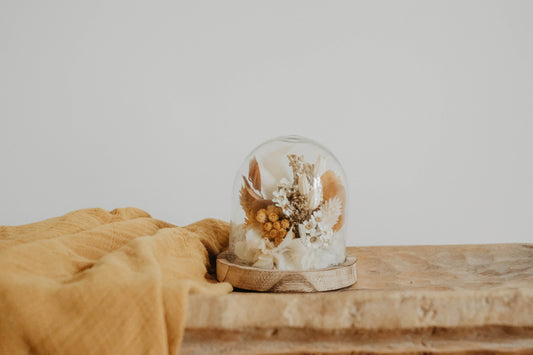 Cloche " SUNNY " décoration fleurs séchées, blanc, beige, moutarde Product vendor