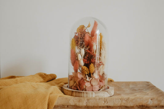 Cloche " REBECCA " décoration d'interieur en fleurs séchées vieux rose / beige / moutarde Product vendor